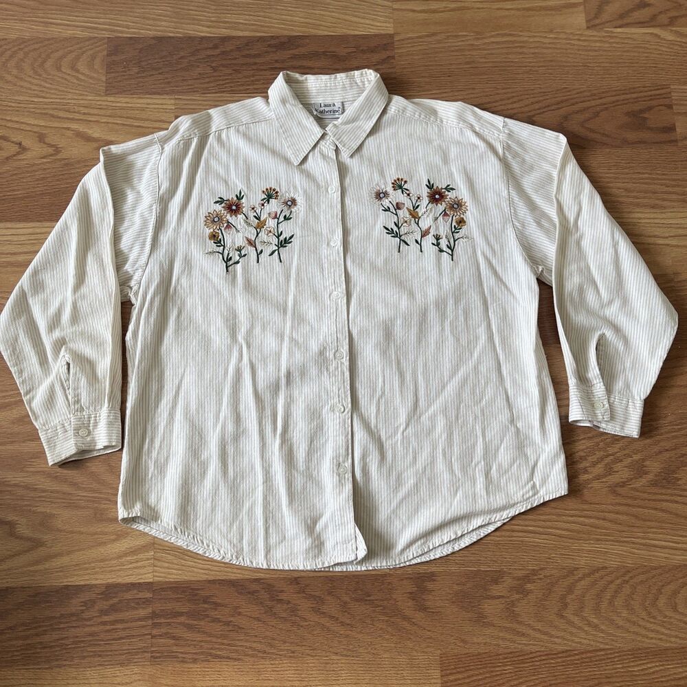 VTG Laura Katherine Top Women XL Button Down Cottagecore Floral pin-stripe